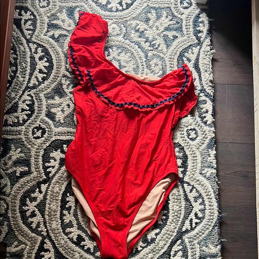 Red One-Shoulder Swimsuit with Ruffle